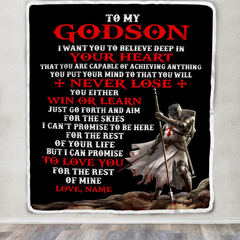 Personalized To My Godson Knight Templar Blanket From Godfather You Will Never Lose Godchild Birthday Christmas Customized Bed Fleece Blanket | siriusteestore