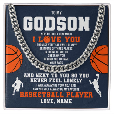 Cuban Link Chain Necklace | Personalized To My Godson Necklace From Godmother Uncle Aunt Never Forget I Love You Basketball Godchild Birthday Christmas Customized Gift Box Message Card | siriusteestore