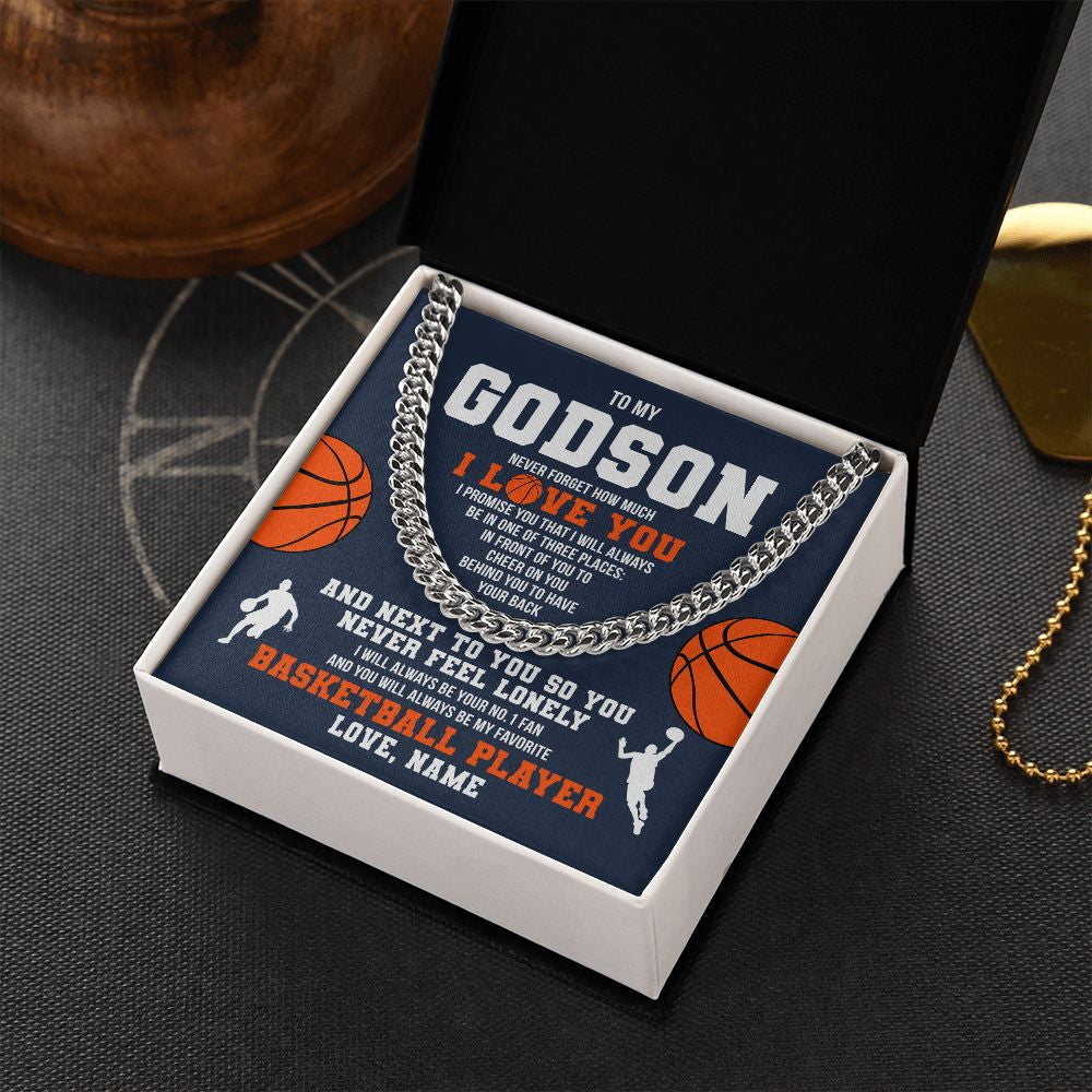 Cuban Link Chain Necklace | Personalized To My Godson Necklace From Godmother Uncle Aunt Never Forget I Love You Basketball Godchild Birthday Christmas Customized Gift Box Message Card | siriusteestore