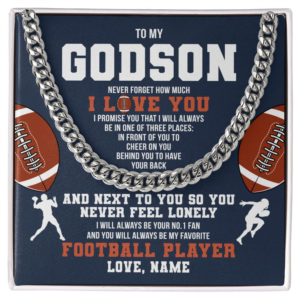 Cuban Link Chain Necklace | Personalized To My Godson Necklace From Godmother Uncle Aunt Never Forget I Love You Football Godchild Birthday Christmas Customized Gift Box Message Card | siriusteestore