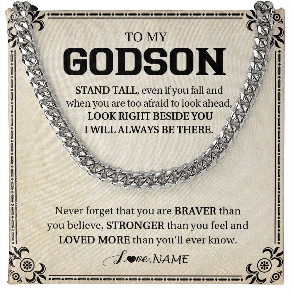 Cuban Link Chain Necklace | Personalized To My Godson Necklace From Godmother Uncle Aunt Never Forget That You Are Braver Godson Birthday Christmas Customized Gift Box Message Card | siriusteestore