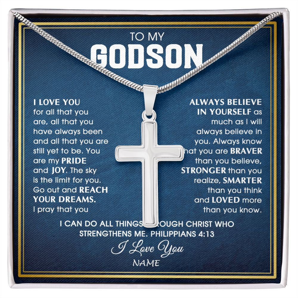 Stainless Cross Necklace | Personalized To My Godson Necklace from Godfather Uncle I Love You For All That You Are Godson Birthday Graduation Christmas Customized Gift Box Message Card | siriusteestore