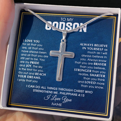 Stainless Cross Necklace | Personalized To My Godson Necklace from Godfather Uncle I Love You For All That You Are Godson Birthday Graduation Christmas Customized Gift Box Message Card | siriusteestore