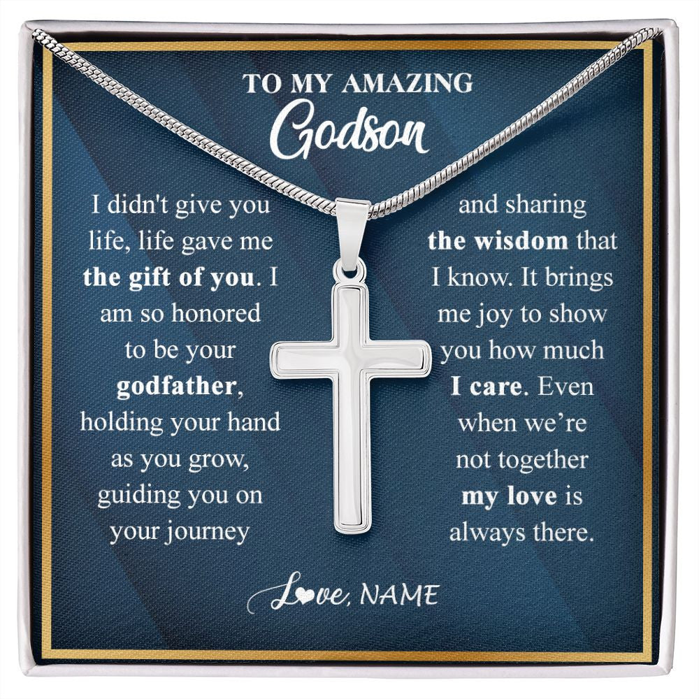 Stainless Cross Necklace | Personalized To My Godson Necklace from Godfather Uncle Life Gave Me The Gift Of You Godson Birthday Graduation Christmas Customized Gift Box Message Card | siriusteestore
