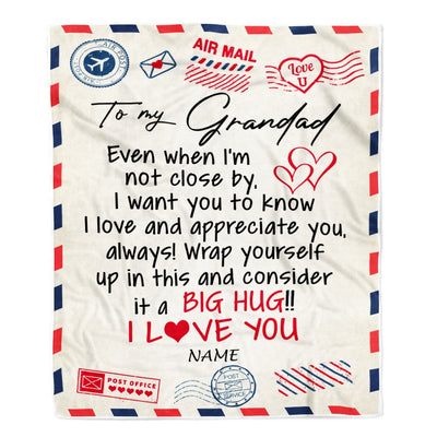 Personalized To My Grandad Blanket From Grandkids I Love You Hugs Air Mail Letter Grandad Birthday Fathers Day Christmas Customized Fleece Blanket | siriusteestore