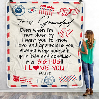 Personalized To My Grandad Blanket From Grandkids I Love You Hugs Air Mail Letter Grandad Birthday Fathers Day Christmas Customized Fleece Blanket | siriusteestore