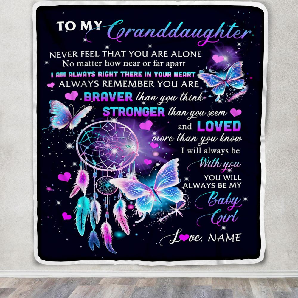 Personalized To My Granddaughter Blanket From Grandma Butterfly Braver Stronger Loved Granddaughter Birthday Graduation Christmas Customized Fleece Blanket | siriusteestore