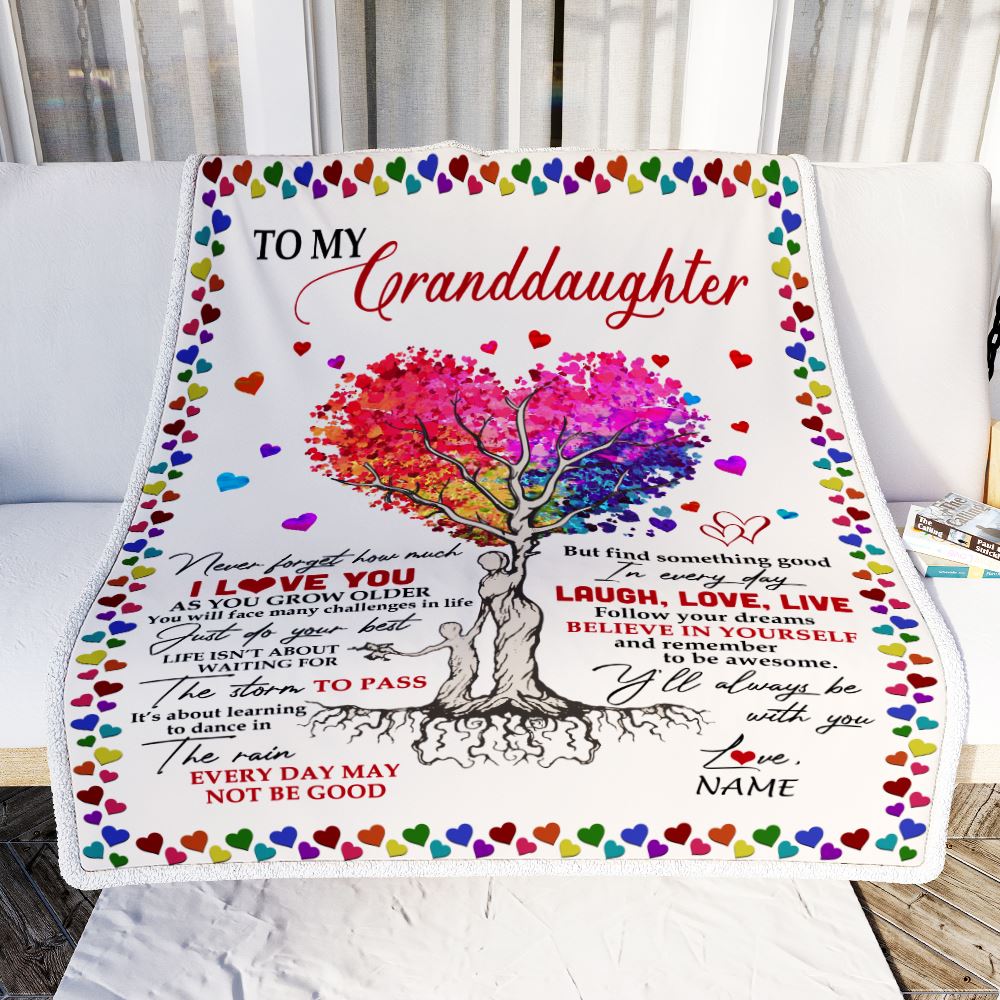 Personalized To My Granddaughter Blanket From Grandma Colorful Tree Never Forget I Love You Granddaughter Birthday Christmas Customized Fleece Throw Blanket | siriusteestore
