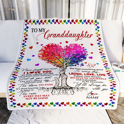 Personalized To My Granddaughter Blanket From Grandma Colorful Tree Never Forget I Love You Granddaughter Birthday Christmas Customized Fleece Throw Blanket | siriusteestore