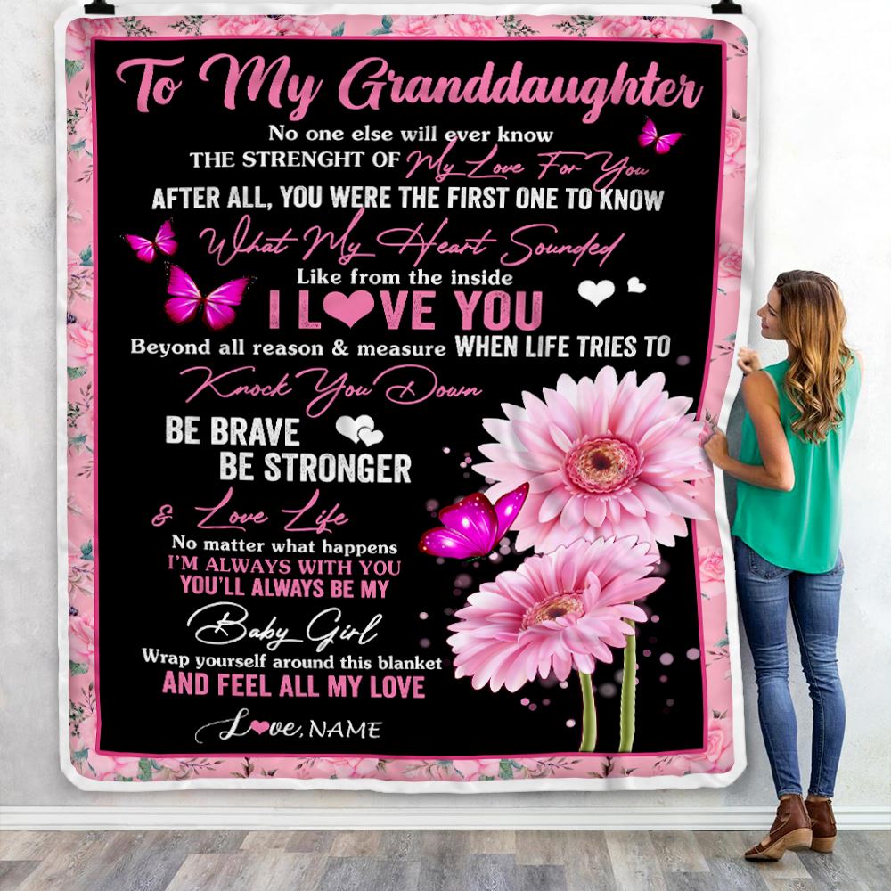 Personalized To My Granddaughter Blanket From Grandma Gigi I Love You Pink Daisy Butterfly Granddaughter Birthday Christmas Customized Bed Fleece Blanket | siriusteestore