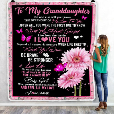Personalized To My Granddaughter Blanket From Grandma Gigi I Love You Pink Daisy Butterfly Granddaughter Birthday Christmas Customized Bed Fleece Blanket | siriusteestore