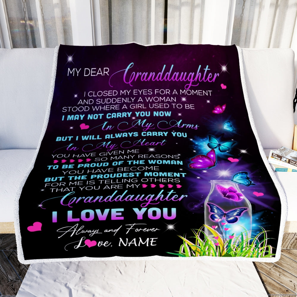 Personalized To My Granddaughter Blanket From Grandma Grandpa Butterfly Proud Of The Woman Granddaughter Birthday Christmas Bed Quilt Fleece Throw Blanket | siriusteestore