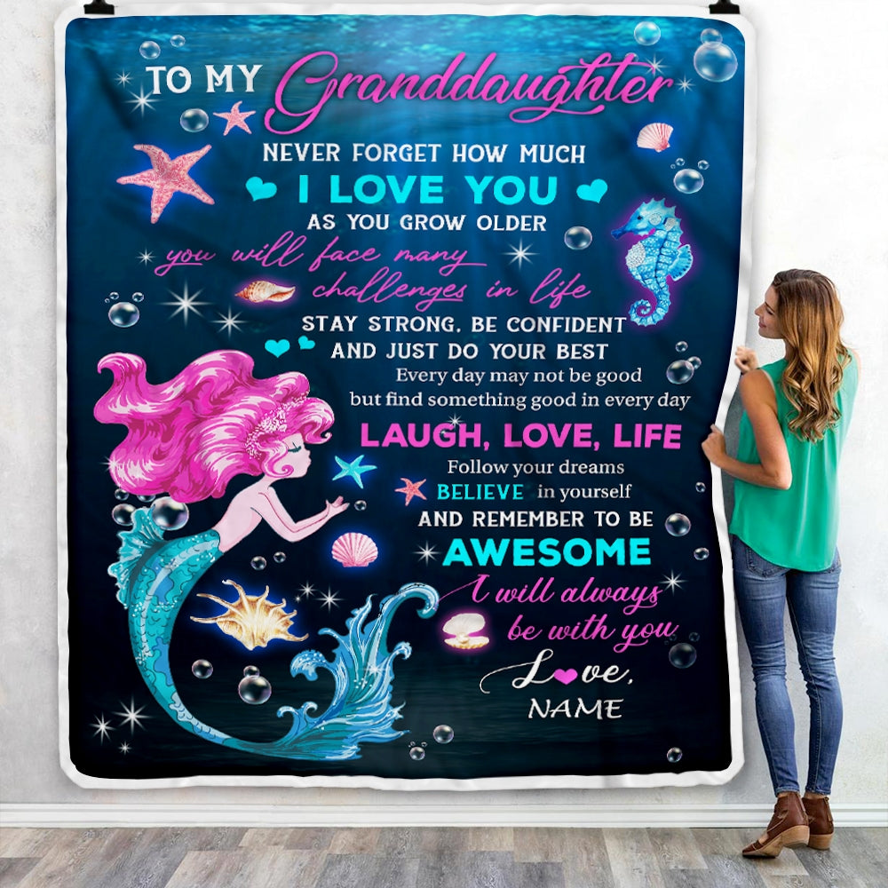 Personalized To My Granddaughter Blanket From Grandma Grandpa Never Forget I Love You Mermaid Granddaughter Birthday Christmas Customized Bed Fleece Blanket | siriusteestore