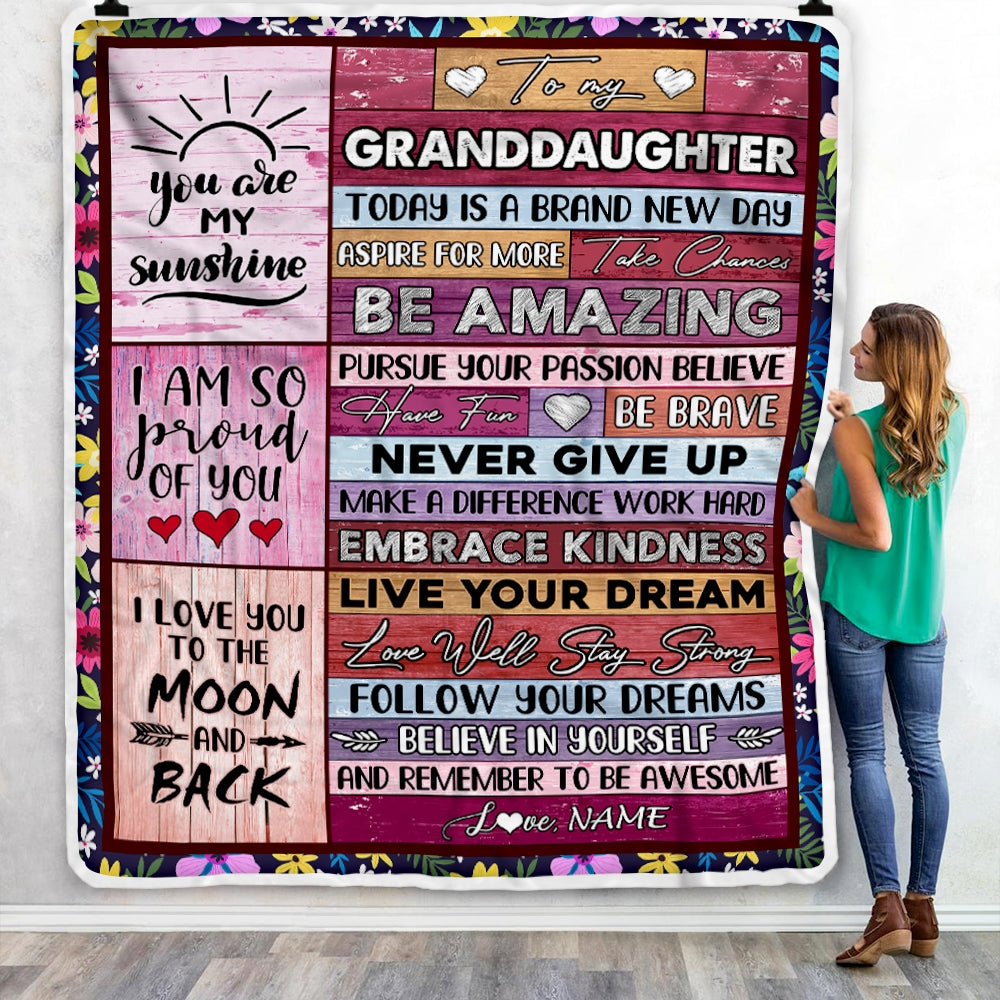 Personalized To My Granddaughter Blanket From Grandma Nana Never Give Up Live Your Dream Pink Wood Birthday Graduation Christmas Customized Fleece Blanket | siriusteestore
