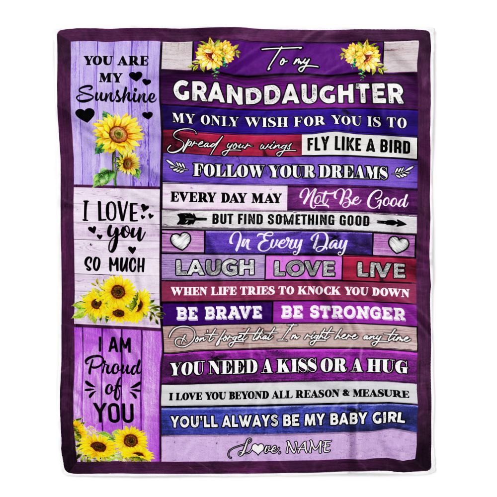Personalized To My Granddaughter Blanket From Grandma Wood Laugh Love Live Sunflower Granddaughter Birthday Graduation Christmas Customized Fleece Blanket | siriusteestore