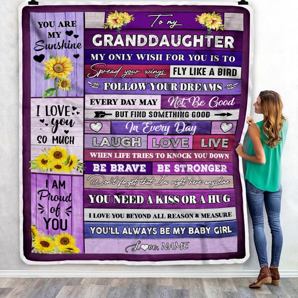 Personalized To My Granddaughter Blanket From Grandma Wood Laugh Love Live Sunflower Granddaughter Birthday Graduation Christmas Customized Fleece Blanket | siriusteestore