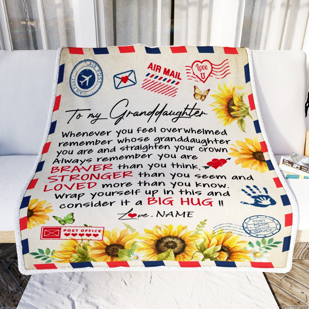 Personalized To My Granddaughter Blanket from Grandma Air Mail Letter Braver Stronger Loved Sunflower Birthday Graduation Christmas Customized Fleece Blanket | siriusteestore