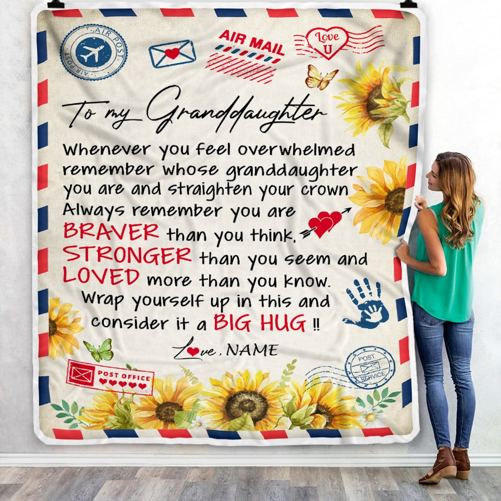 Personalized To My Granddaughter Blanket from Grandma Air Mail Letter Braver Stronger Loved Sunflower Birthday Graduation Christmas Customized Fleece Blanket | siriusteestore