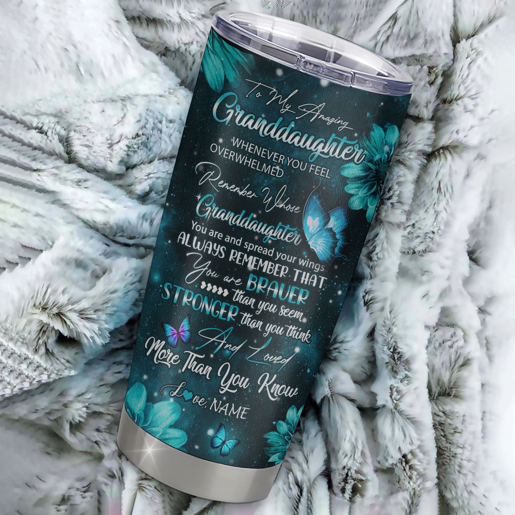 Personalized To My Granddaughter From Grandma Stainless Steel Tumbler Cup Butterfly You Are Braver Than You Seem Granddaughter Birthday Graduation Christmas Travel Mug | siriusteestore