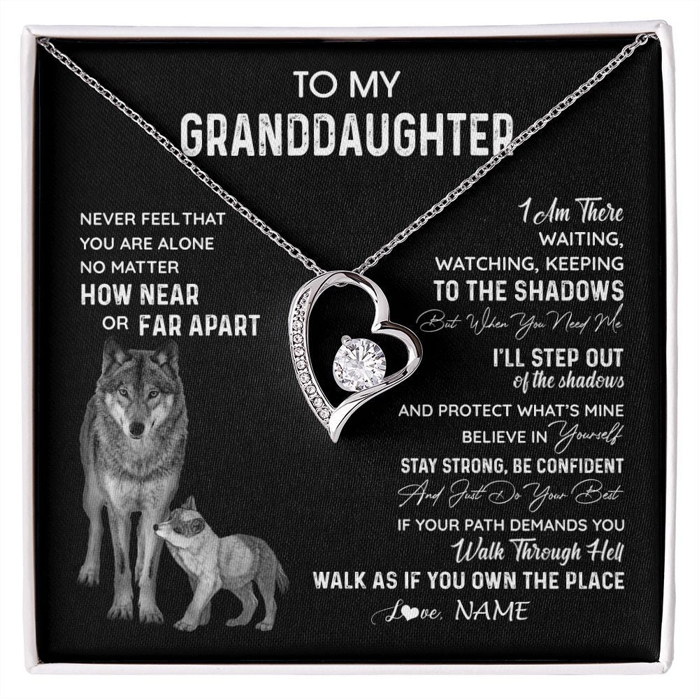 Forever Love Necklace | Personalized To My Granddaughter Necklace From Grandma Grandpa Never Feel You Are Alone Wolf Granddaughter Birthday Christmas Customized Gift Box Message Card | siriusteestore