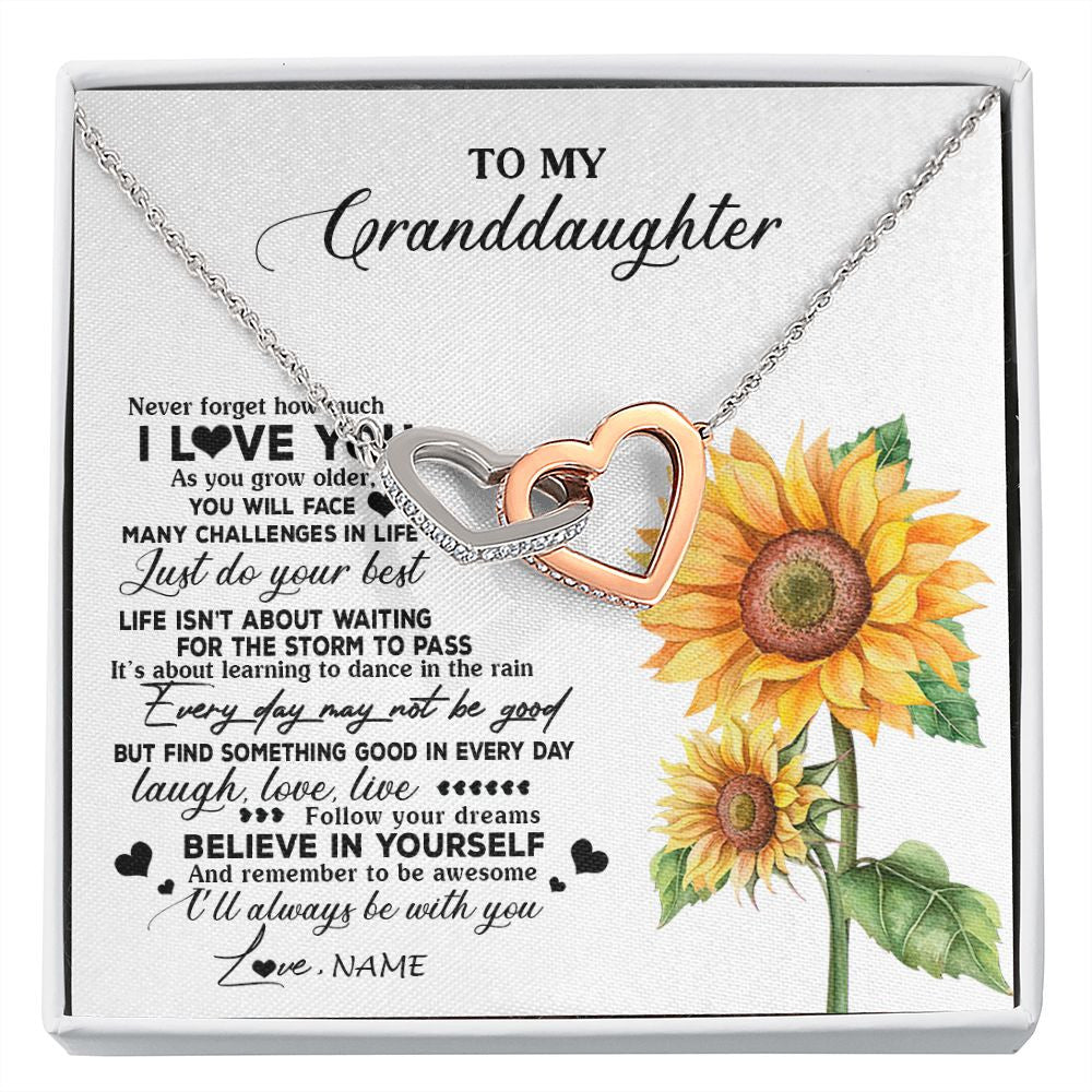 Interlocking Hearts Necklace | Personalized To My Granddaughter Necklace From Grandma Nana Sunflower Wood Laugh Love Live Granddaughter Birthday Christmas Customized Gift Box Message Card | siriusteestore