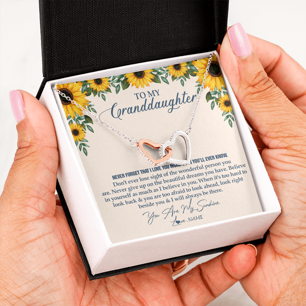 Interlocking Hearts Necklace | Personalized To My Granddaughter Necklace From Grandma Sunflower You Are My Sunshine Granddaughter Jewelry Graduation Birthday Customized Gift Box Message Card | siriusteestore