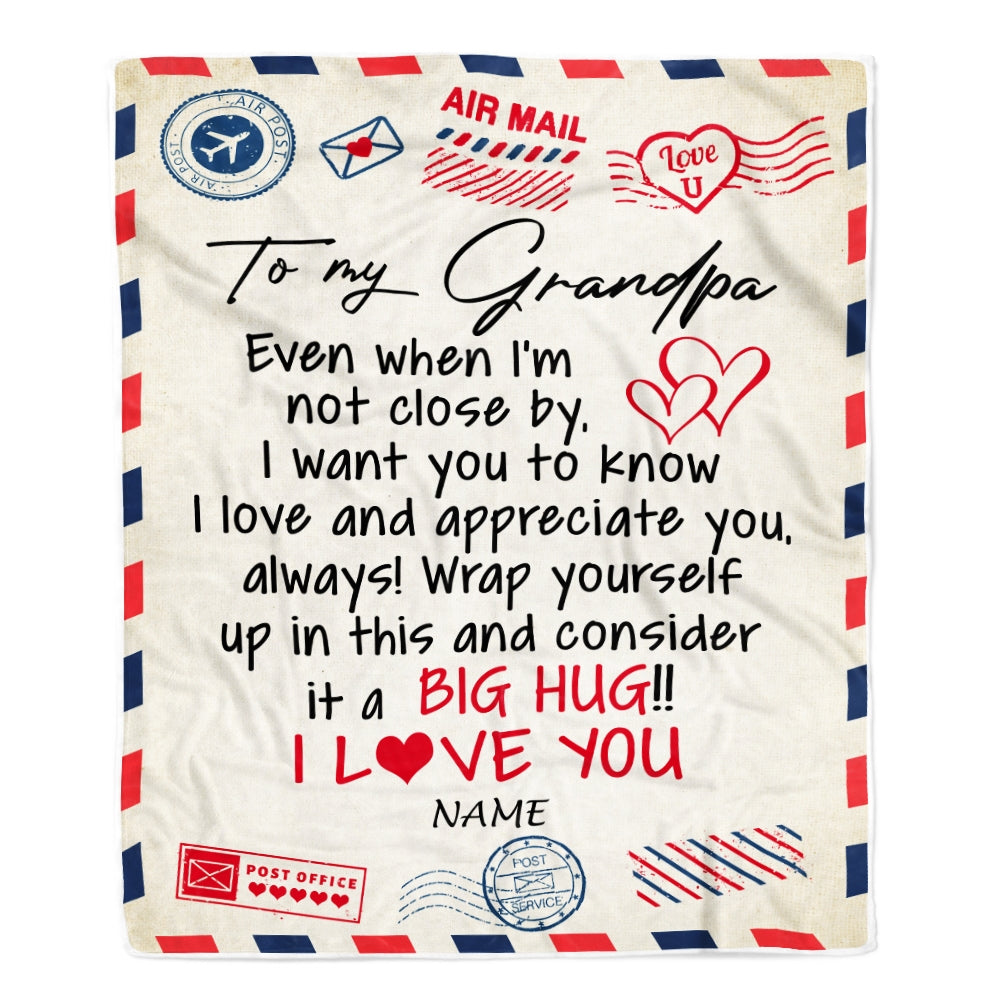 Personalized To My Grandpa Blanket From Grandkids I Love You Hugs Air Mail Letter Grandpa Birthday Fathers Day Christmas Customized Fleece Blanket | siriusteestore