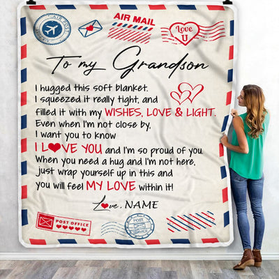 Personalized To My Grandson Blanket From Grandma Nana Grandpa Air Mail Letter I Love You Grandson Birthday Christmas Graduation Customized Fleece Blanket | siriusteestore