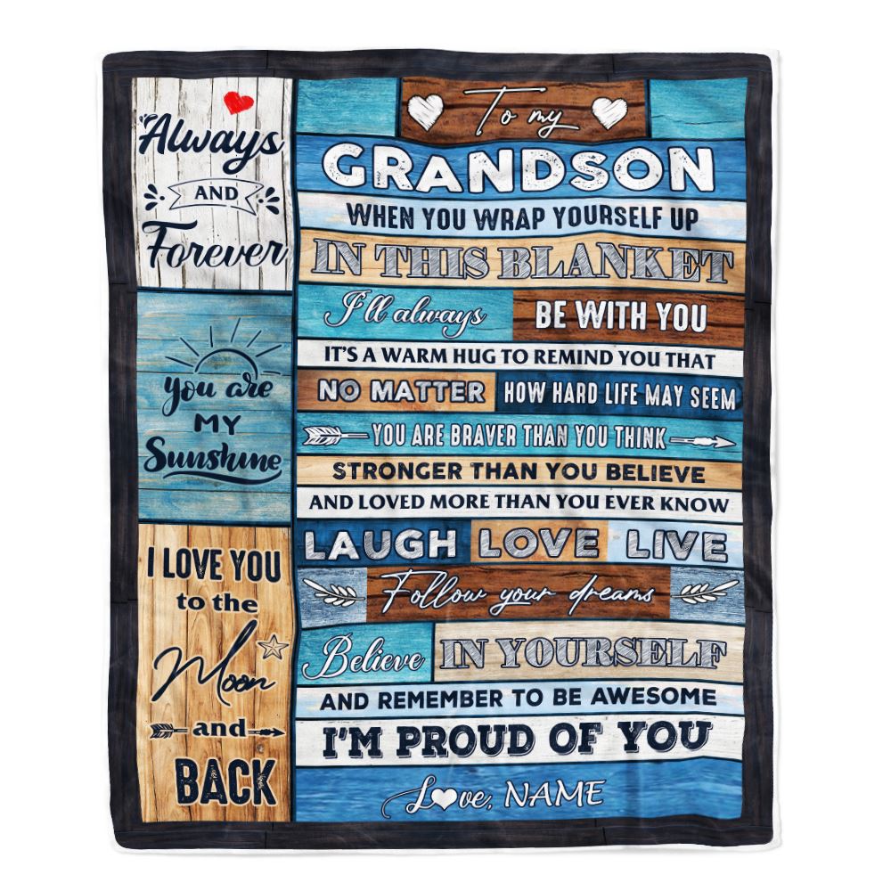 Personalized To My Grandson Blanket From Grandma Nana Papa Believe in Yourself Wood Grandson Birthday Graduation Christmas Customized Bed Fleece Throw Blanket | siriusteestore
