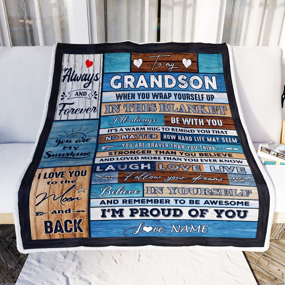 Personalized To My Grandson Blanket From Grandma Nana Papa Believe in Yourself Wood Grandson Birthday Graduation Christmas Customized Bed Fleece Throw Blanket | siriusteestore