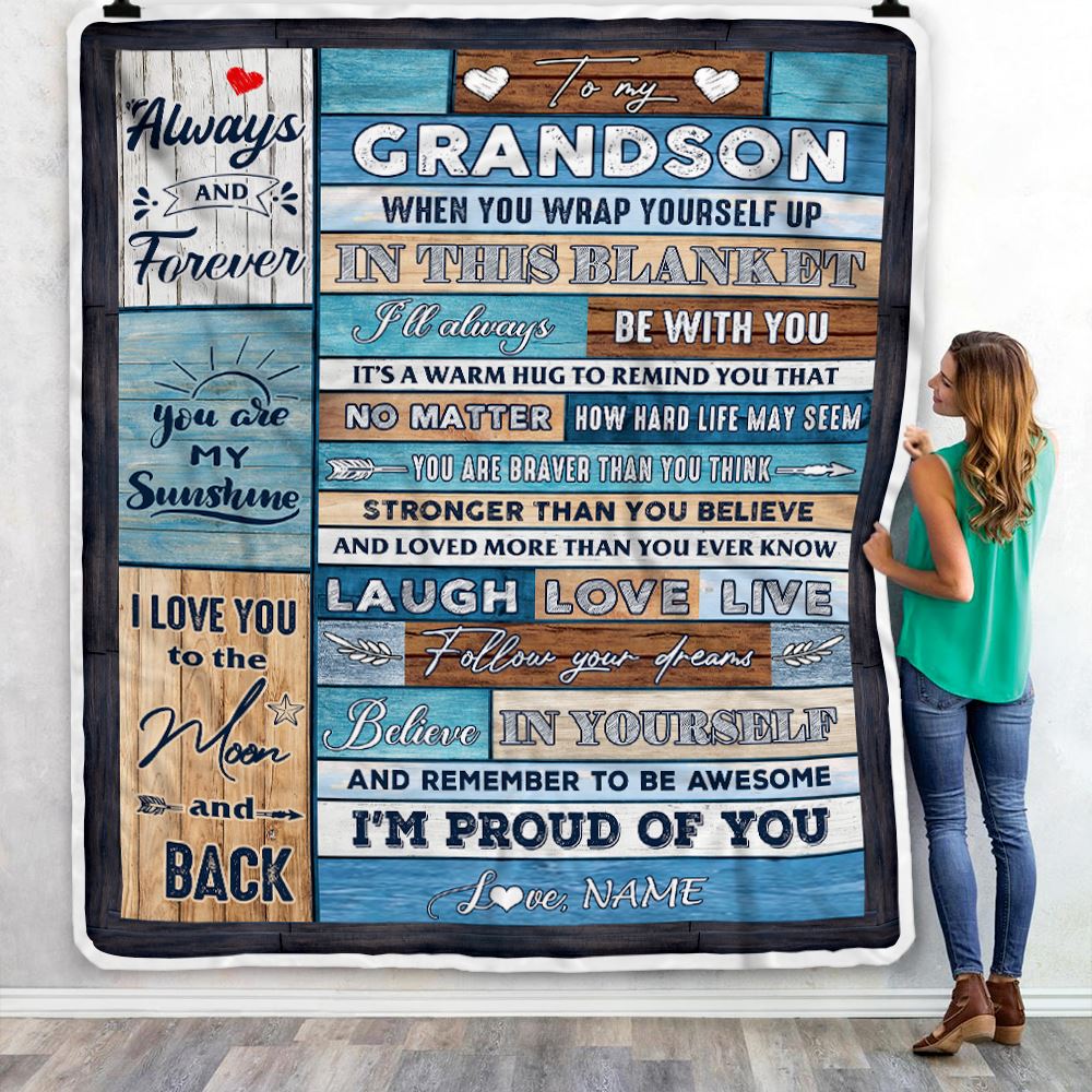Personalized To My Grandson Blanket From Grandma Nana Papa Believe in Yourself Wood Grandson Birthday Graduation Christmas Customized Bed Fleece Throw Blanket | siriusteestore