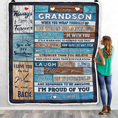 Personalized To My Grandson Blanket From Grandma Nana Papa Believe in Yourself Wood Grandson Birthday Graduation Christmas Customized Bed Fleece Throw Blanket | siriusteestore