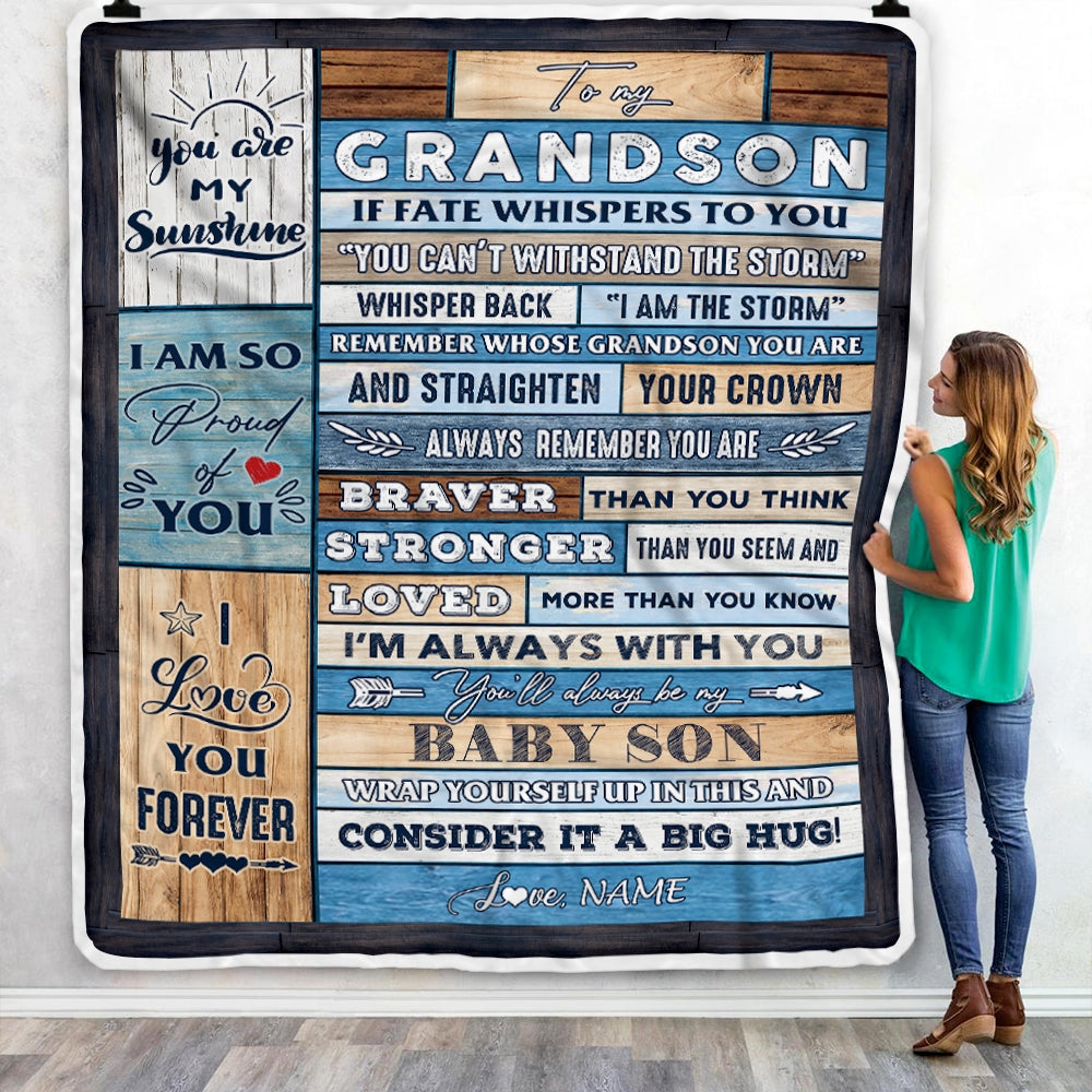 Personalized To My Grandson Blanket From Grandma Papa Grandpa Wood I Am The Storm Grandson Birthday Graduation Christmas Customized Fleece Throw Blanket | siriusteestore