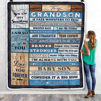 Personalized To My Grandson Blanket From Grandma Papa Grandpa Wood I Am The Storm Grandson Birthday Graduation Christmas Customized Fleece Throw Blanket | siriusteestore
