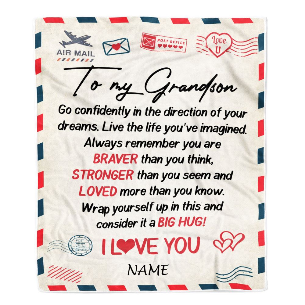 Personalized To My Grandson Blanket From Grandma Pops Air Mail Letter Confidently I Love You Grandson Birthday Graduation Christmas Customized Fleece Blanket | siriusteestore