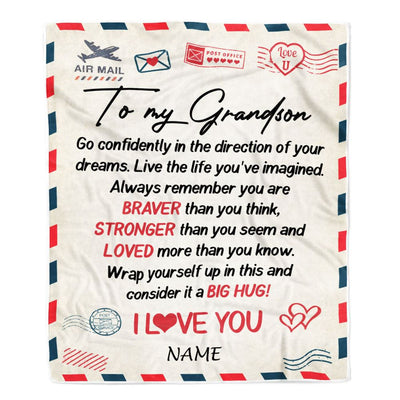 Personalized To My Grandson Blanket From Grandma Pops Air Mail Letter Confidently I Love You Grandson Birthday Graduation Christmas Customized Fleece Blanket | siriusteestore