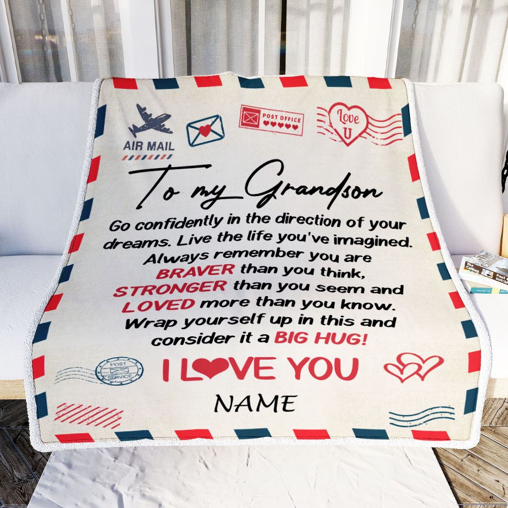 Personalized To My Grandson Blanket From Grandma Pops Air Mail Letter Confidently I Love You Grandson Birthday Graduation Christmas Customized Fleece Blanket | siriusteestore
