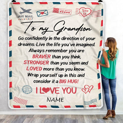 Personalized To My Grandson Blanket From Grandma Pops Air Mail Letter Confidently I Love You Grandson Birthday Graduation Christmas Customized Fleece Blanket | siriusteestore
