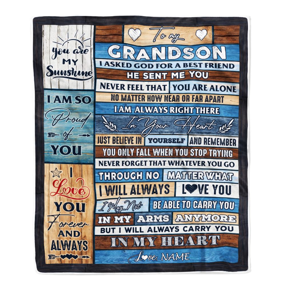 Personalized To My Grandson Blanket From Grandpa Grandma Wood I Asked God For A Best Friend Grandson Birthday Christmas Customized Bed Fleece Throw Blanket | siriusteestore