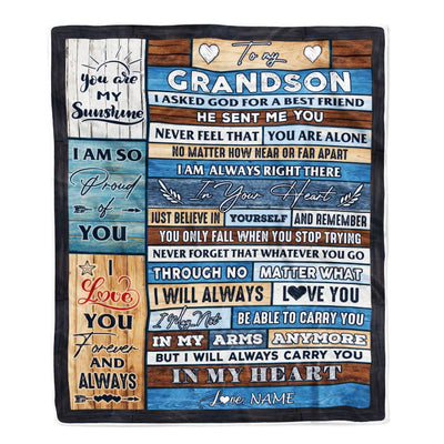 Personalized To My Grandson Blanket From Grandpa Grandma Wood I Asked God For A Best Friend Grandson Birthday Christmas Customized Bed Fleece Throw Blanket | siriusteestore