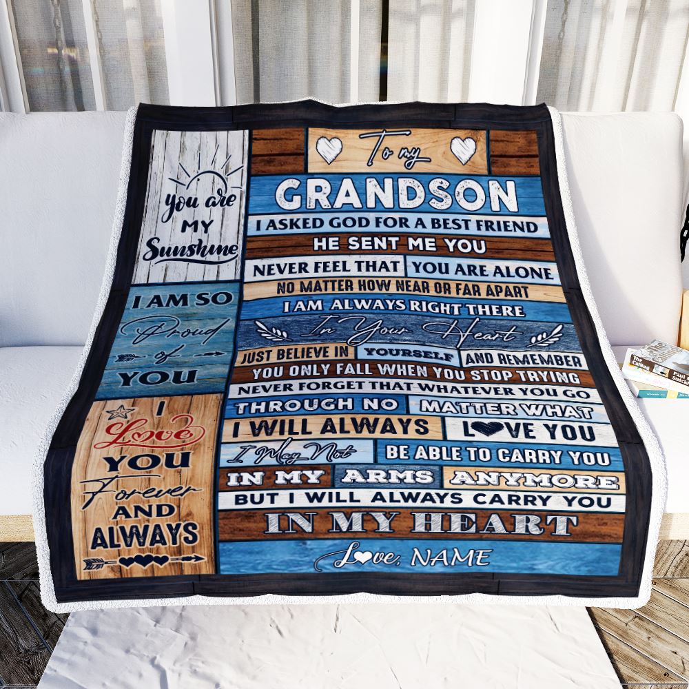 Personalized To My Grandson Blanket From Grandpa Grandma Wood I Asked God For A Best Friend Grandson Birthday Christmas Customized Bed Fleece Throw Blanket | siriusteestore