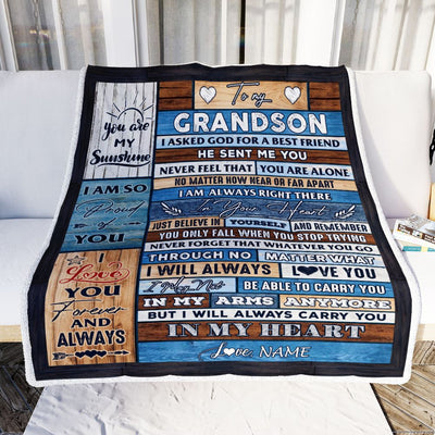 Personalized To My Grandson Blanket From Grandpa Grandma Wood I Asked God For A Best Friend Grandson Birthday Christmas Customized Bed Fleece Throw Blanket | siriusteestore