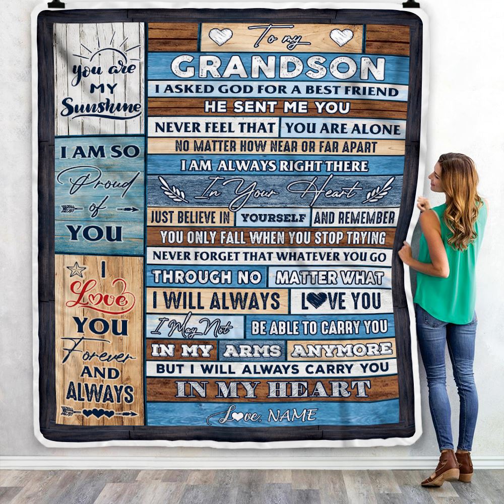 Personalized To My Grandson Blanket From Grandpa Grandma Wood I Asked God For A Best Friend Grandson Birthday Christmas Customized Bed Fleece Throw Blanket | siriusteestore