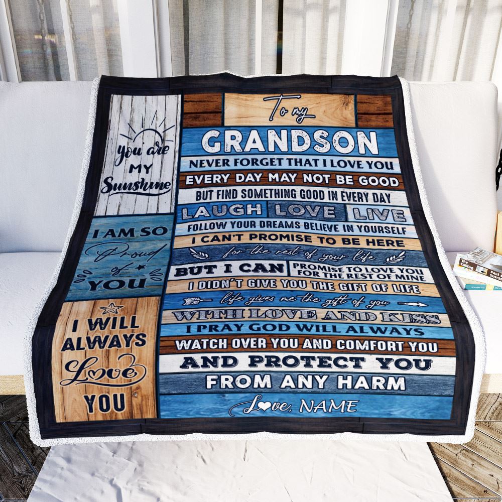 Personalized To My Grandson Blanket From Grandpa Grandma Wood You Are My Sunshine I Love You Grandson Birthday Christmas Customized Bed Fleece Throw Blanket | siriusteestore