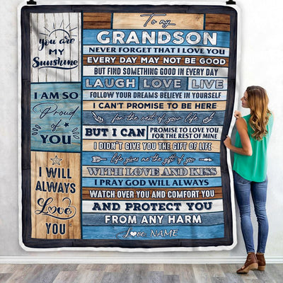Personalized To My Grandson Blanket From Grandpa Grandma Wood You Are My Sunshine I Love You Grandson Birthday Christmas Customized Bed Fleece Throw Blanket | siriusteestore