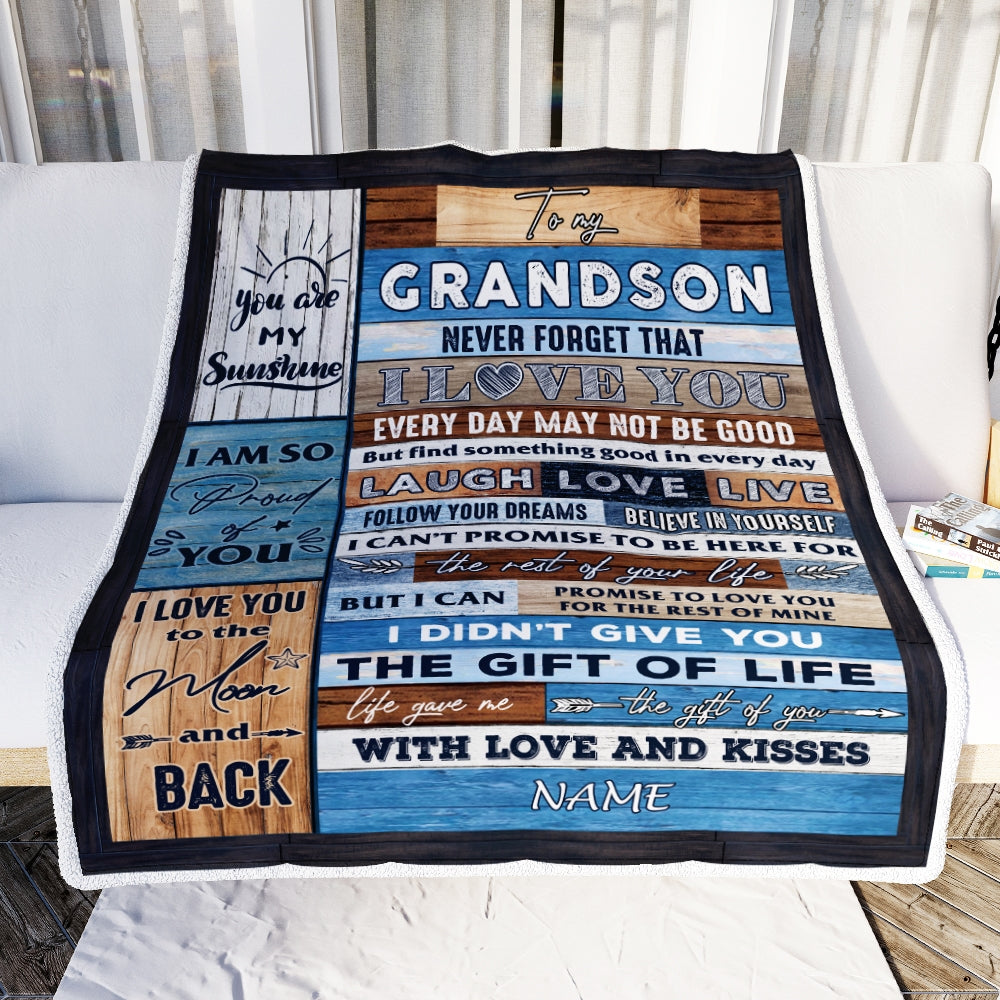 Personalized To My Grandson Blanket From Mom Grandma Grandpa I Love You Wood Grandson Birthday Christmas Thanksgiving Graduation Customized Fleece Blanket | siriusteestore