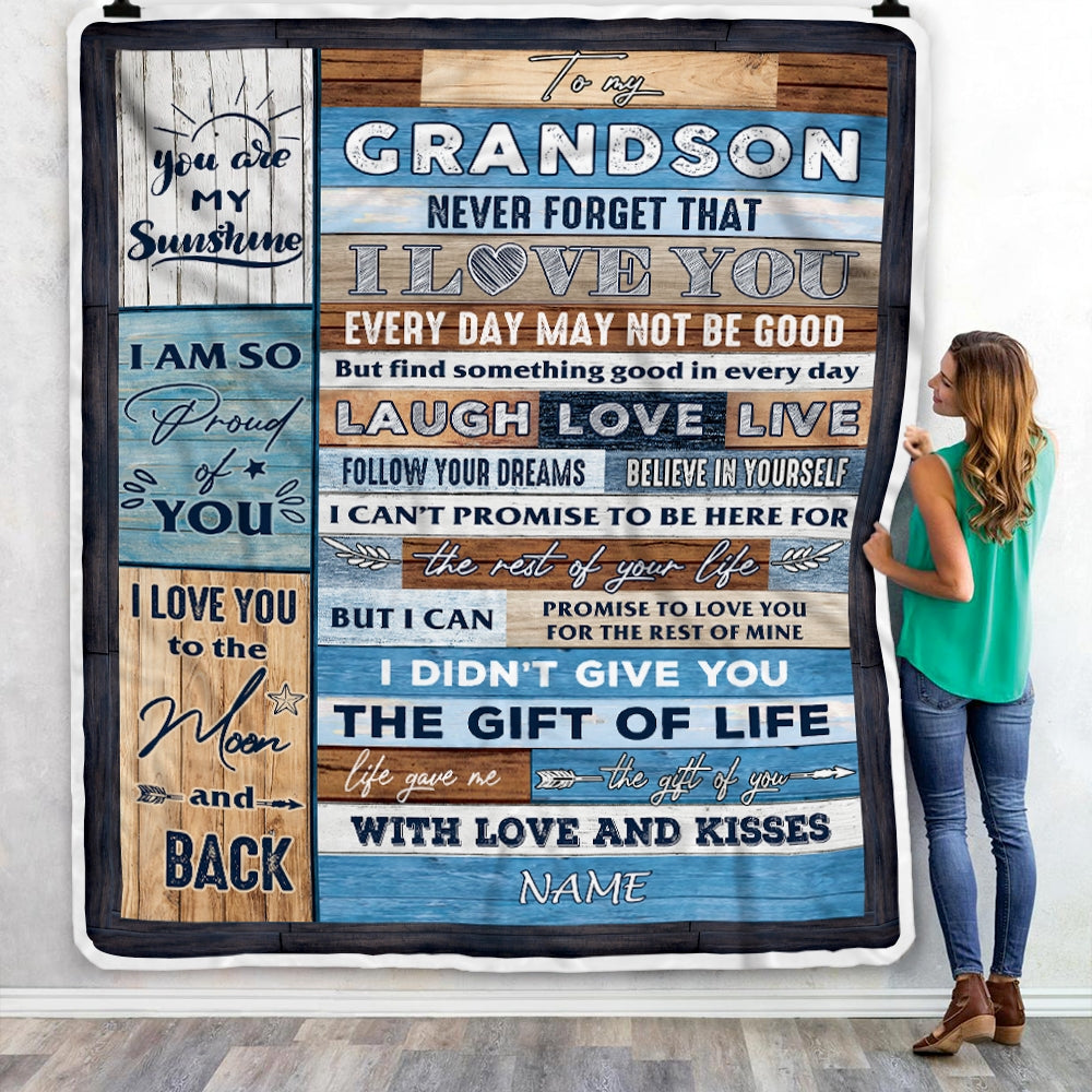 Personalized To My Grandson Blanket From Mom Grandma Grandpa I Love You Wood Grandson Birthday Christmas Thanksgiving Graduation Customized Fleece Blanket | siriusteestore