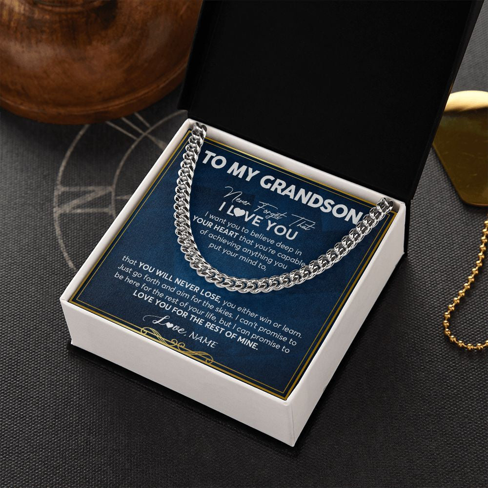 Cuban Link Chain Necklace | Personalized To My Grandson Cuban Necklace From Grandma Papa Never Forget That I Love You Grandson Birthday Christmas Customized Gift Box Message Card | siriusteestore