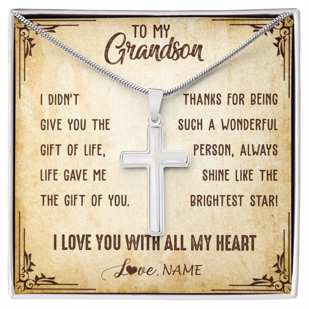 Stainless Cross Necklace | Personalized To My Grandson Necklace From Grandma Grandpa I Love You With All My Heart Grandson Birthday Graduation Christmas Customized Gift Box Message Card | siriusteestore
