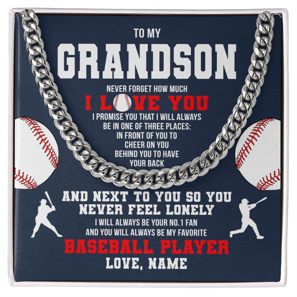 Cuban Link Chain Necklace | Personalized To My Grandson Necklace From Grandma Papa Never Forget I Love You Baseball Grandson Birthday Christmas Customized Gift Box Message Card | siriusteestore